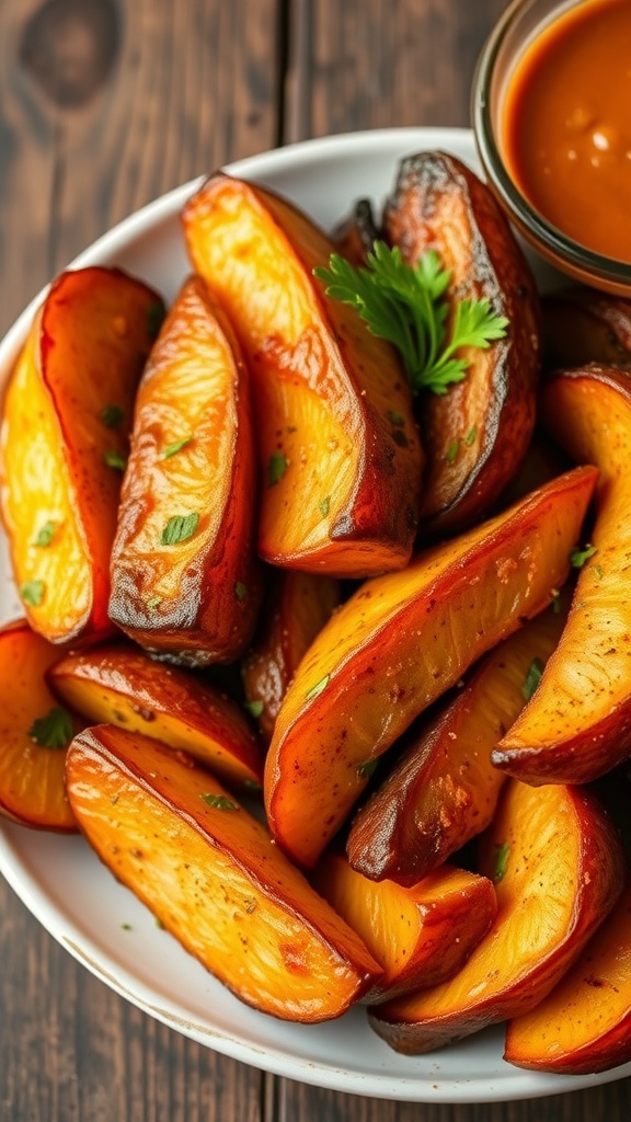 Crispy air fryer yams on a plate garnished with herbs, showcasing their golden texture.